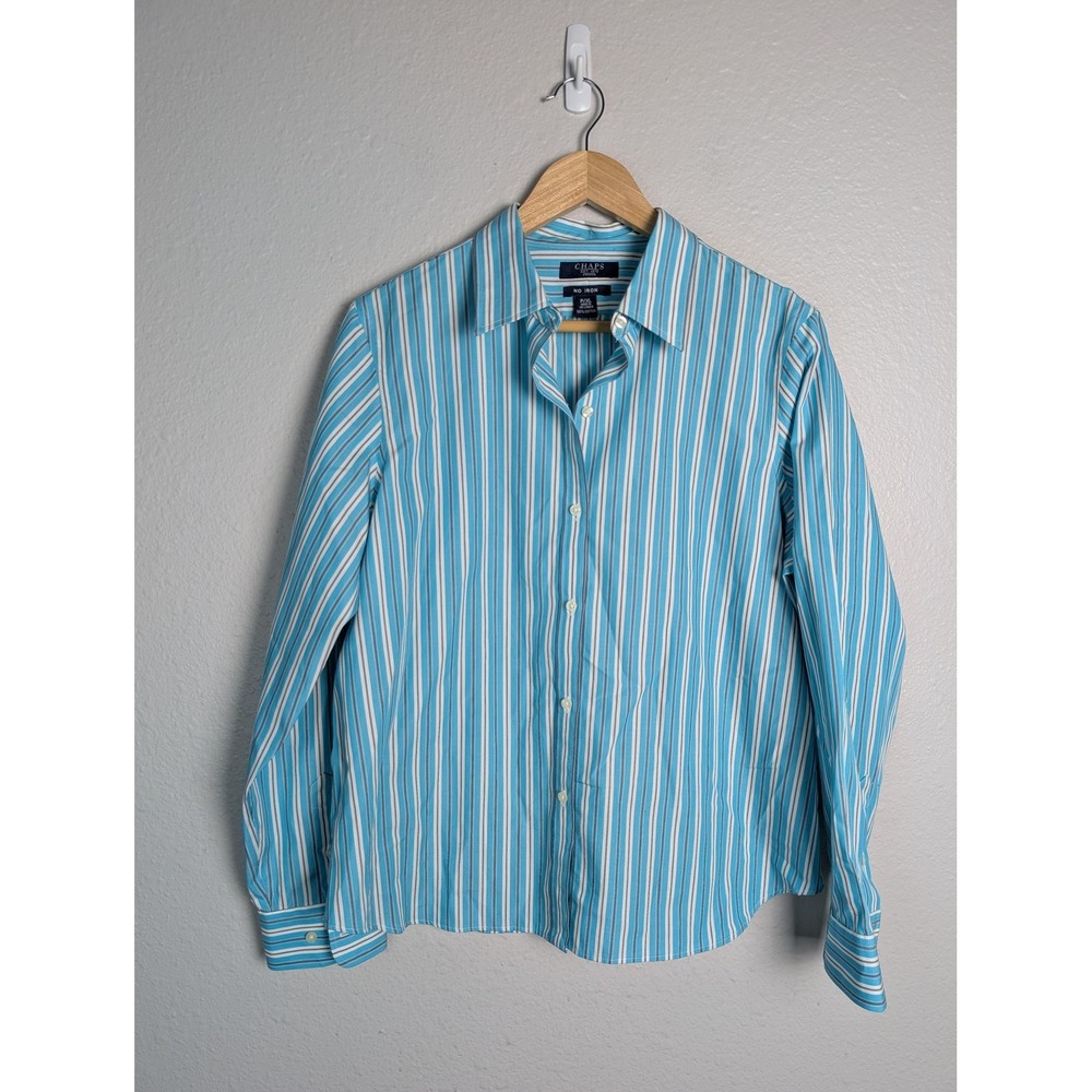 Chaps Button-Up Womens P/XL Blue Striped Collared Long Sleeve Cotton Easy Care